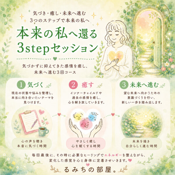 本来の私へ還る3stepセッション ～気づかずに抑えてきた感情を癒し、未来へ進む3回コース（るみちの部屋。Rumichi）